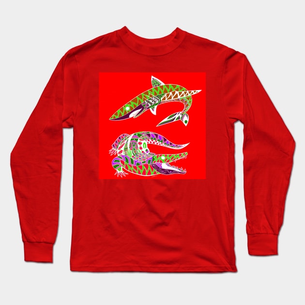 king of the wild the shark and the alligator Long Sleeve T-Shirt by jorge_lebeau